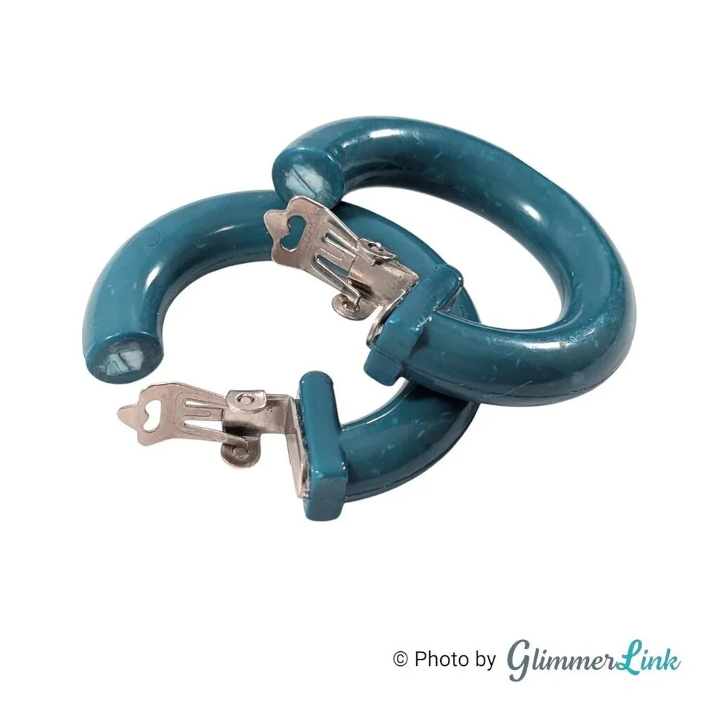 Vintage Dark Teal Plastic Hoop Clip On Earrings